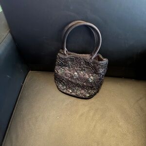 VTG handbag BEADED EVENING BAG PURSE, rope handles Black by Magid, 6.5"